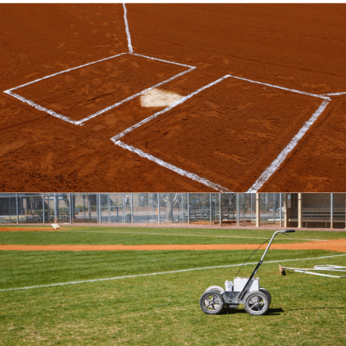 Canva images: Split screen, chalked up home plate and wide of field with chalk machine