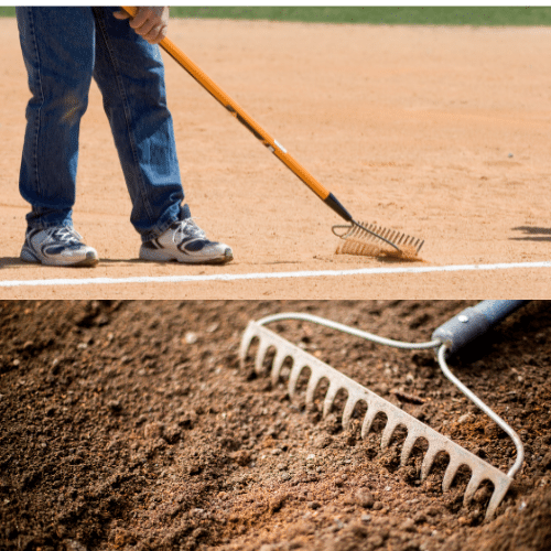 Canva images: Split screen, rake and  person raking baseball infield dirt