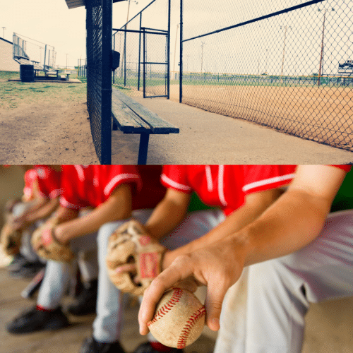 Canva images: Split screen, Baseball Dugout and players in dugout