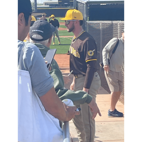 Sd Padres Jackson Merrill talking to fans before practice. Peoria Sports Complex. Peoria, AZ