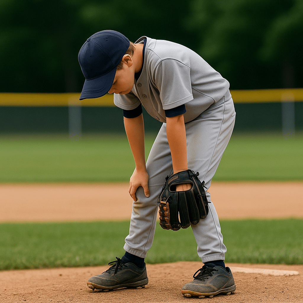 Little Leaguer: Hands on his knees 