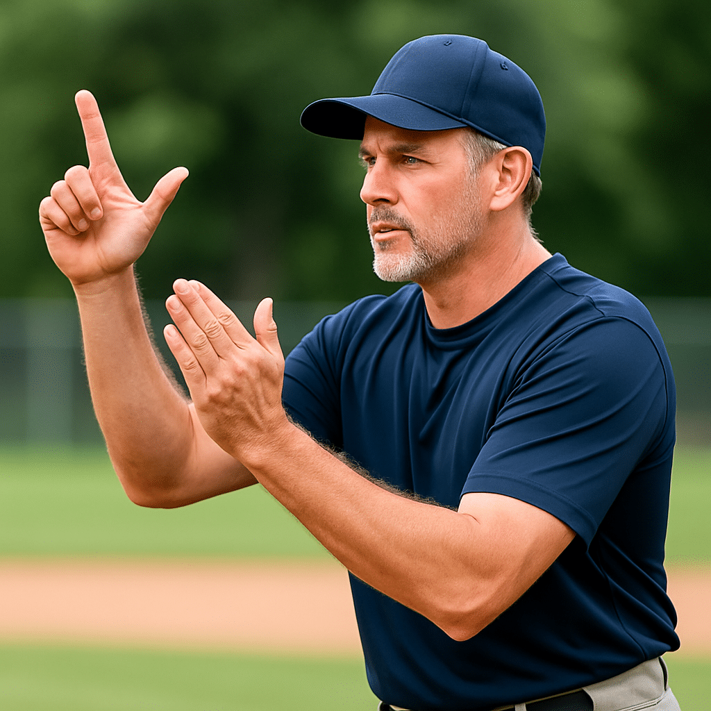 Coach giving hand signals to his players