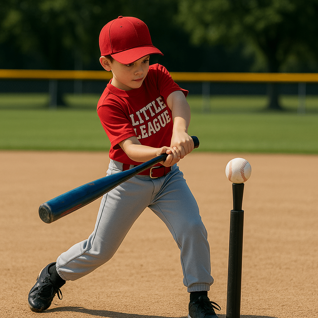 Young Little leaguer working on a batting tee